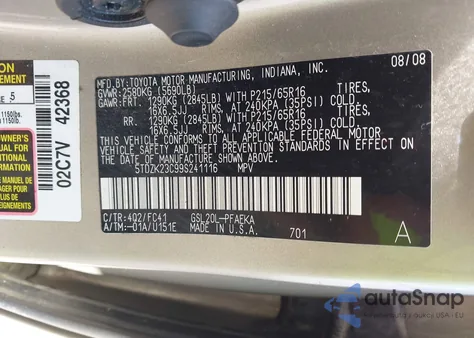 2009 Toyota Sienna Le из США, поврежденный, VIN 5TDZK23C99S241116